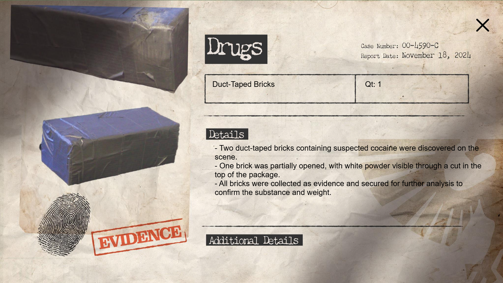 Evidence-style screen showing a packaged-item record
