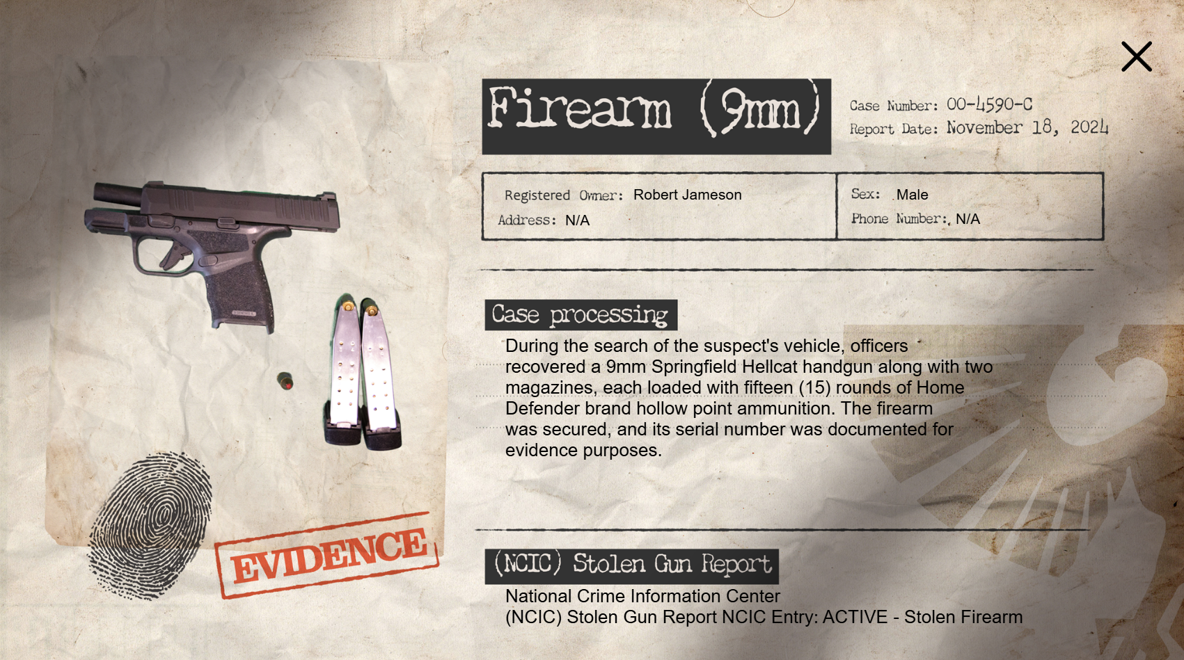 Evidence-style screen showing an illustrated firearm record