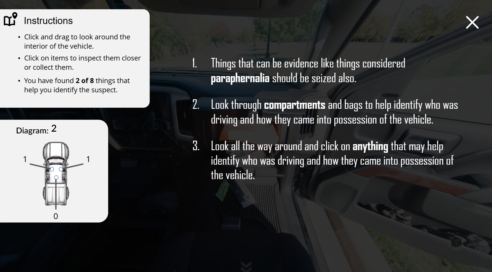 On-screen instructions and vehicle diagram for a 360-degree search interaction