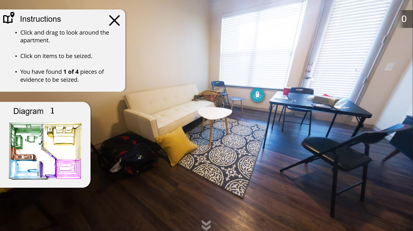 Instructions overlaid on a 360-degree room scenario