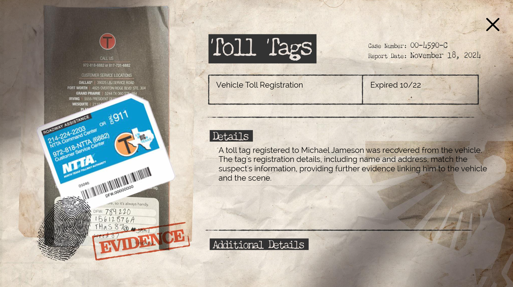 Evidence-style screen showing a toll tag record